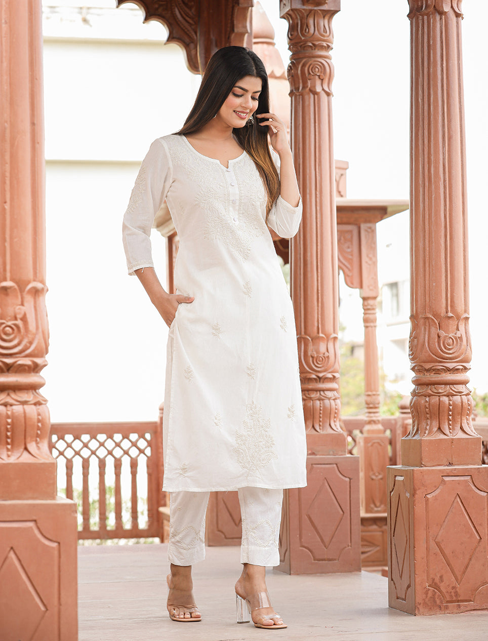 Buy online Women White V Neck Kurta Legging Set from ethnic wear for Women  by Seva Chikan for ₹2639 at 24% off | 2024 Limeroad.com